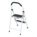 A white steel 2-step fold-up step ladder with a black handle and non-slip steps.