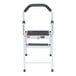 A white steel 2-step fold-up step ladder with a black handle and safety labels.
