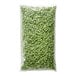 A sealed plastic bag filled with individually quick frozen organic green peas.