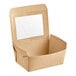 A brown paperboard take-out box with a white window.