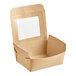 A brown paperboard Fold-Pak take-out box with a white rectangular window.