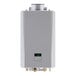 A white rectangular Rinnai tankless water heater with a digital display.