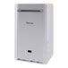 A white rectangular Rinnai tankless water heater with a green light.