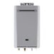 A white rectangular Rinnai tankless water heater with a green display.