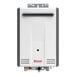 A white rectangular Rinnai tankless water heater with a black square logo.