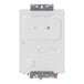 A white rectangular Rinnai tankless water heater with metal parts and two valves.