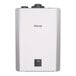 A white rectangular Rinnai tankless water heater with a black device.