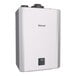 A white rectangular Rinnai tankless water heater with a black label and buttons.