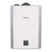 A white rectangular Rinnai tankless water heater with black buttons.