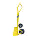 A yellow steel wide-load hand truck with two large pneumatic wheels and a flat loading platform.