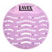 A round, purple Lavex deodorizing gel urinal screen with a textured surface and multiple holes.