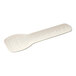 A white molded paper taster spoon with text on it.