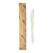An Eco-Products white molded paper knife in a brown wrapper.