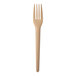 A close up of an Eco-Products beige CPLA plastic dinner fork with a cylinder handle.