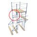 A galvanized steel scaffolding cross brace attached to a multi-level scaffolding structure.