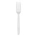 A white compostable plastic fork designed for use with Cutlerease dispensers.