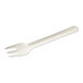 A white molded paper fork with text on it.