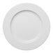 A white round porcelain plate with an embossed wide rim.