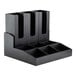 A black bamboo coffee condiment organizer with nine compartments and removable cup holders.