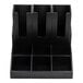 A black bamboo coffee condiment organizer with nine compartments and removable cup holders.