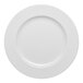 A white round porcelain plate with an embossed wide rim.