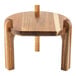 A wooden beverage dispenser stand made from acacia wood with a round top and three legs.
