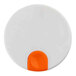 A white plastic lid with an orange thumb press designed for a 17 oz. coffee carafe.