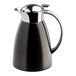 A black stainless steel coffee carafe with a chrome handle and lid.
