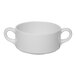 A white porcelain soup bowl with two handles.