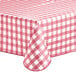 A square burgundy and white gingham vinyl table cover with a flannel back.