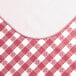 A burgundy and white gingham vinyl table cover with a flannel backing.