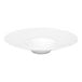A white round wide rim deep porcelain gourmet plate.