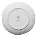 A white Ariane flat porcelain plate with blue text.