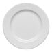 A white round porcelain plate with an embossed wide rim.