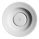 A white round porcelain plate with an embossed wide rim and deep center, viewed from the bottom.