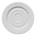 A white round porcelain saucer with an embossed wide rim and circular patterns.