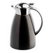 A black stainless steel coffee carafe with a chrome handle and lid.