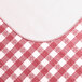 A burgundy and white gingham vinyl table cover with a flannel back.