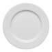 A white round porcelain plate with an embossed wide rim.