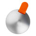 A chrome-plated plastic lid with an orange thumb press designed for a stainless steel coffee carafe.