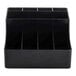 A black plastic coffee condiment organizer with nine compartments.