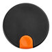 A black plastic lid with an orange thumb press designed for a 17 oz. coffee carafe.