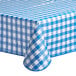 A square royal blue and white gingham vinyl table cover with a flannel back.