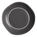 A charcoal grey porcelain plate with a white circle and silver rim.