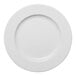 A white round porcelain plate with an embossed wide rim.