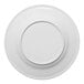 A white round porcelain plate with an embossed wide rim.