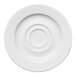 A round, white porcelain espresso cup saucer with a wide rim.