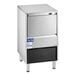 An undercounter air-cooled ice machine with a stainless steel exterior and a built-in storage bin.