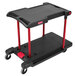 A black Rubbermaid 2-tier utility cart with wheels.