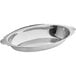A stainless steel oval au gratin dish with a 15 oz. capacity.